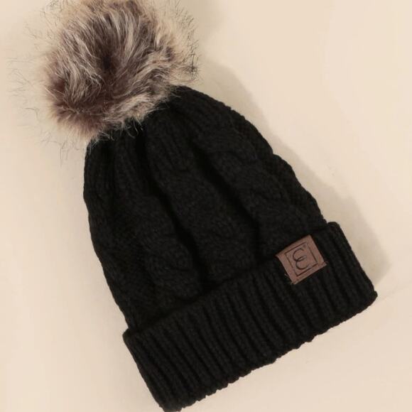 Boutique Accessories - NWT Black Cable Knit Pom Beanie Hat